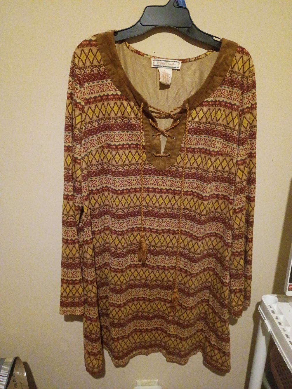 Flying Tomato Mustard and Brown Patterned Lace-Up Tunic Top